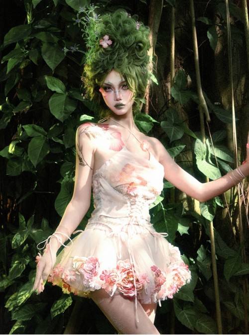Forest Spirit Series Kawaii Fashion Light Pink Sexy Sweet Simulation Flowers Chiffon Halter Tank Top