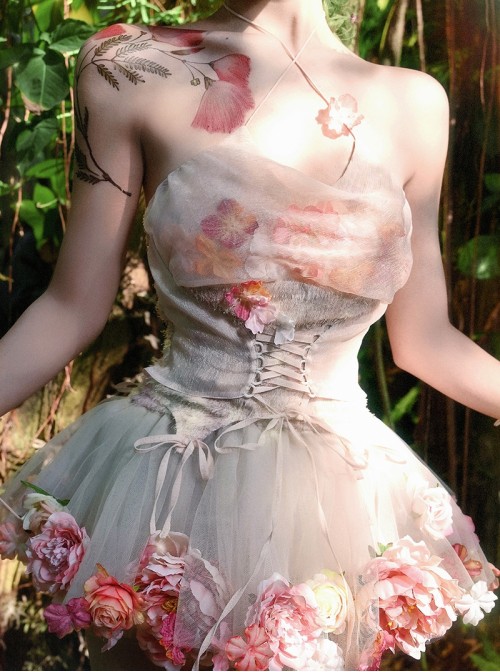 Forest Spirit Series Kawaii Fashion Light Pink Sexy Sweet Simulation Flowers Chiffon Halter Tank Top