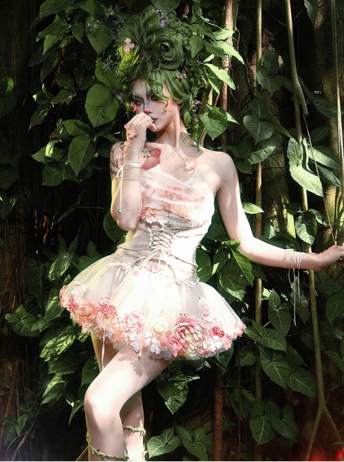 Forest Spirit Series Kawaii Fashion Light Pink Sexy Sweet Simulation Flowers Chiffon Halter Tank Top