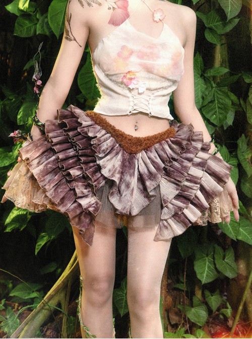 Forest Spirit Series Kawaii Fashion Brown Chiffon Pleated Fluffy Ruffles Mesh Yarn Cute Midi Skirt