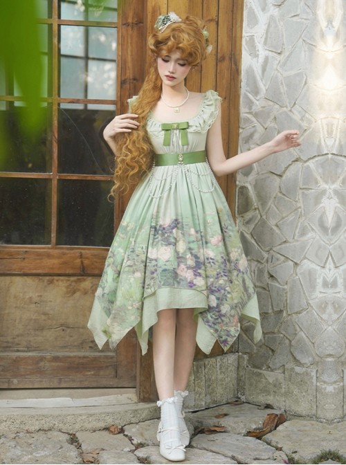 Blooming Rose Series Elegant Classic Lolita Green Oil Painting Chiffon Bow Brooch Sleeveless Dress