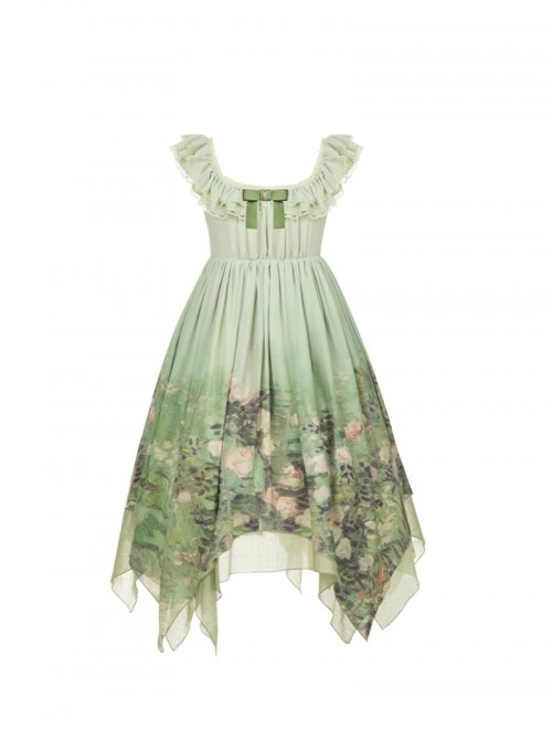 Blooming Rose Series Elegant Classic Lolita Green Oil Painting Chiffon Bow Brooch Sleeveless Dress