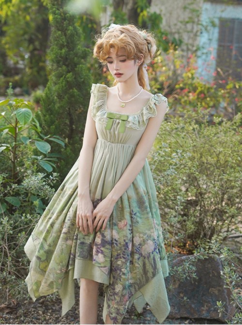 Blooming Rose Series Elegant Classic Lolita Green Oil Painting Chiffon Bow Brooch Sleeveless Dress