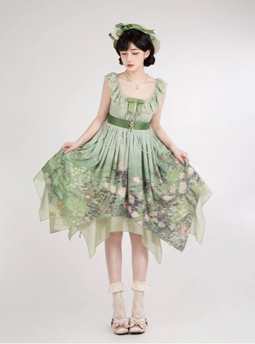 Blooming Rose Series Elegant Classic Lolita Green Oil Painting Chiffon Bow Brooch Sleeveless Dress