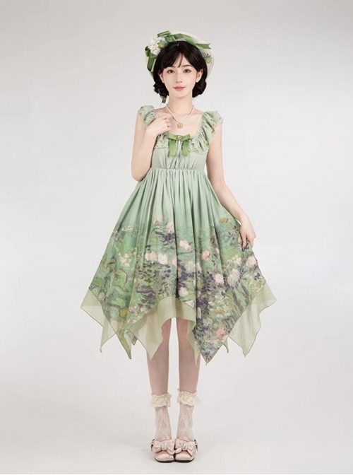 Blooming Rose Series Elegant Classic Lolita Green Oil Painting Chiffon Bow Brooch Sleeveless Dress