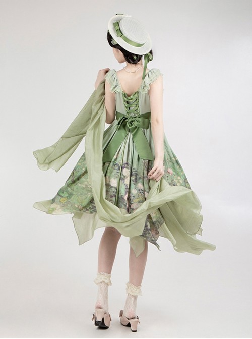Blooming Rose Series Elegant Classic Lolita Green Oil Painting Chiffon Bow Brooch Sleeveless Dress