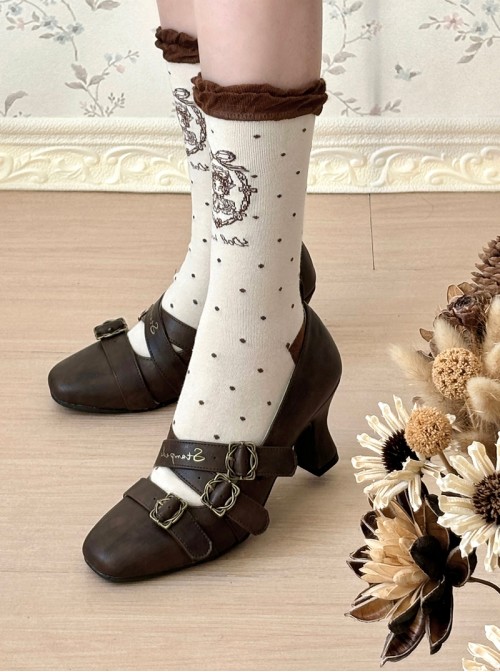 Half String Poem Series Classic Lolita Brown Sweet Elegant European Lace Up Square Toe Slim High Heel Shoes
