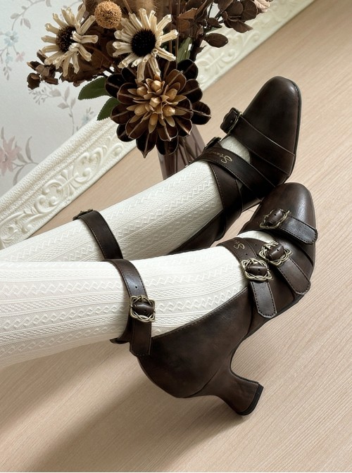 Half String Poem Series Classic Lolita Brown Sweet Elegant European Lace Up Square Toe Slim High Heel Shoes