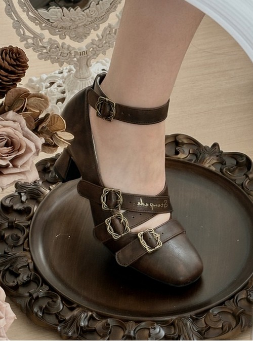Half String Poem Series Classic Lolita Brown Sweet Elegant European Lace Up Square Toe Slim High Heel Shoes