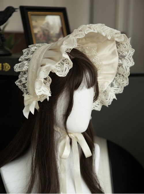 Vivienne Series Classic Lolita White Elegant Bowknot Lace Ruffle Tied Bonnet