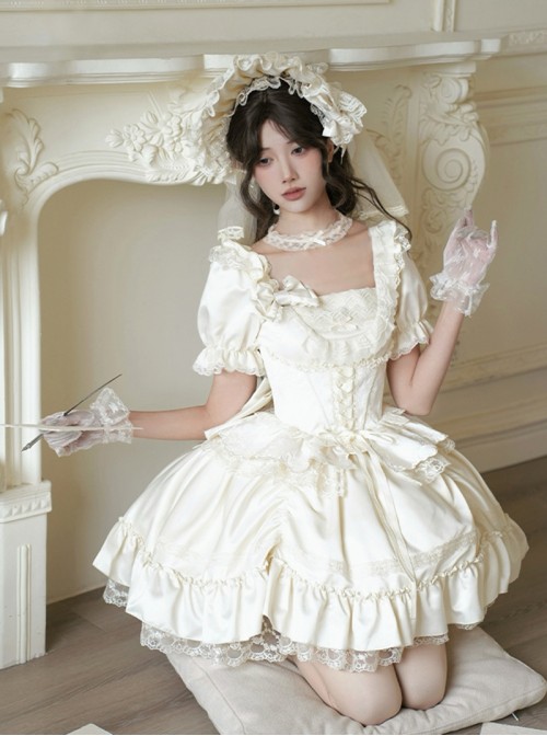 Vivienne Series Classic Lolita White Elegant Bowknot Lace Ruffle Tied Bonnet