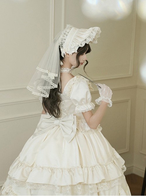 Vivienne Series Classic Lolita White Elegant Bowknot Lace Ruffle Tied Bonnet