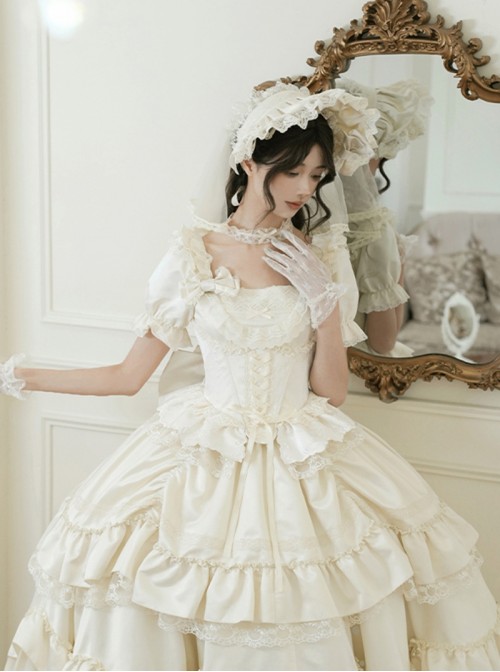 Vivienne Series Classic Lolita White Elegant Bowknot Lace Ruffle Tied Bonnet