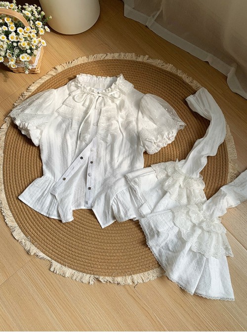 Anna Series Classic Lolita Ruffled Collar Ruffle Trim Bubble Sleeve Sheer Waist Blouse Large Lace Sleeve Set