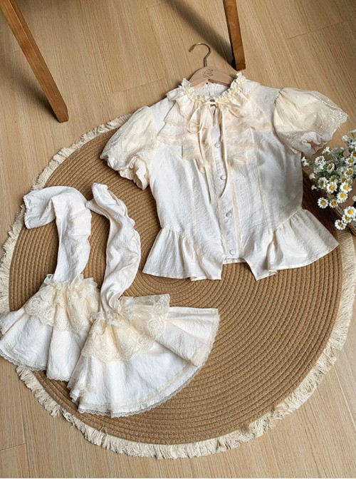 Anna Series Classic Lolita Ruffled Collar Ruffle Trim Bubble Sleeve Sheer Waist Blouse Large Lace Sleeve Set