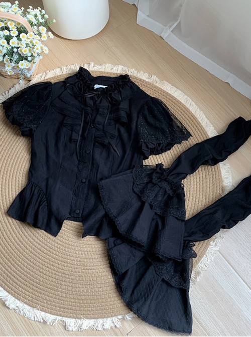 Anna Series Classic Lolita Ruffled Collar Ruffle Trim Bubble Sleeve Sheer Waist Blouse Large Lace Sleeve Set