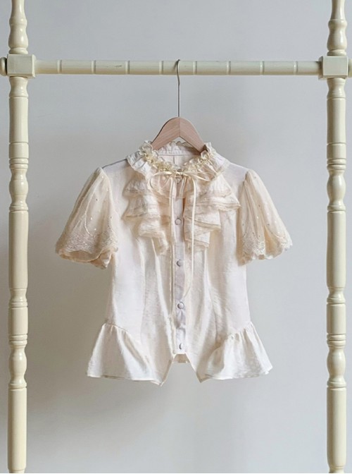 Anna Series Classic Lolita Ruffled Collar Ruffle Trim Bubble Sleeve Sheer Waist Blouse Large Lace Sleeve Set