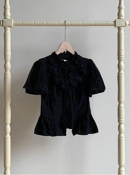 Anna Series Classic Lolita Ruffled Collar Ruffle Trim Bubble Sleeve Sheer Waist Blouse Large Lace Sleeve Set