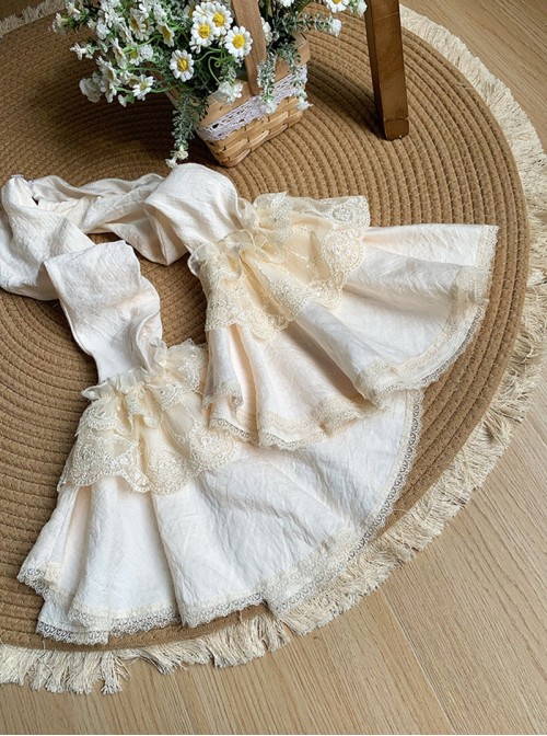 Anna Series Classic Lolita Ruffled Collar Ruffle Trim Bubble Sleeve Sheer Waist Blouse Large Lace Sleeve Set