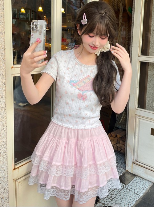 Light Pink Lace Ruffle Kawaii Fashion Sweet Multi Layered Fluffy Cake Skirt