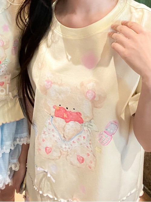Summer Cream Bear Print Kawaii Fashion Round Neck Light Yellow Daily Loose Long T Shirt