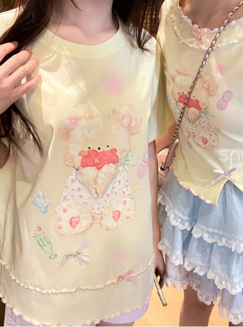 Summer Cream Bear Print Kawaii Fashion Round Neck Light Yellow Daily Loose Long T Shirt