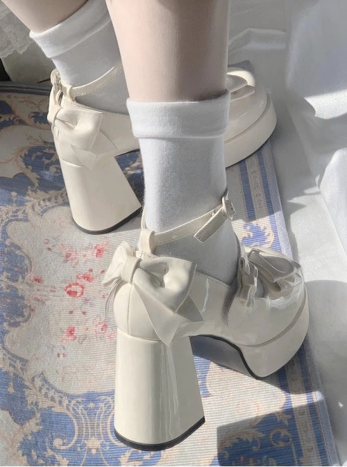 Tea Party Series Sweet Lolita Bowknot Round Toe Chunky Heel Platform High Heel Shoes
