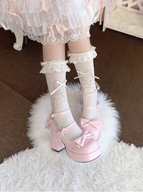 Tea Party Series Sweet Lolita Bowknot Round Toe Chunky Heel Platform High Heel Shoes