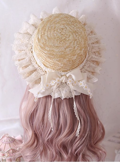 Summer Apricot Classic Lolita Sweet Daisy Lace Bowknot Straw Versatile Sun Hat