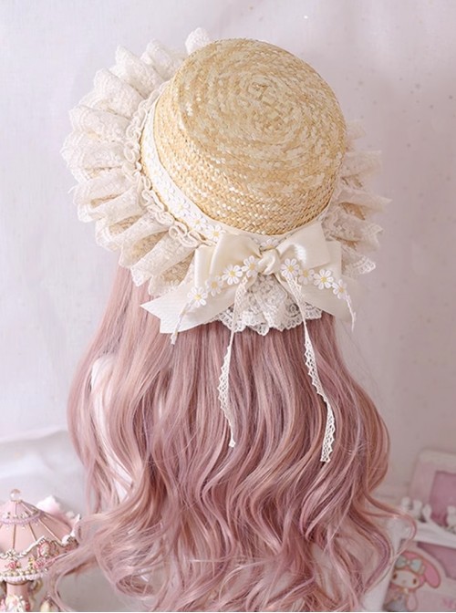 Summer Apricot Classic Lolita Sweet Daisy Lace Bowknot Straw Versatile Sun Hat