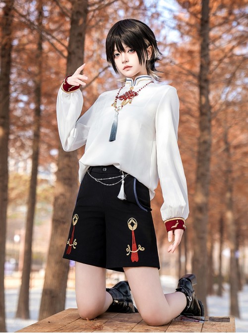 Fortune Series Ouji Fashion Chinese Style Coin Elements Tassel Chain Loose Black Short Pants