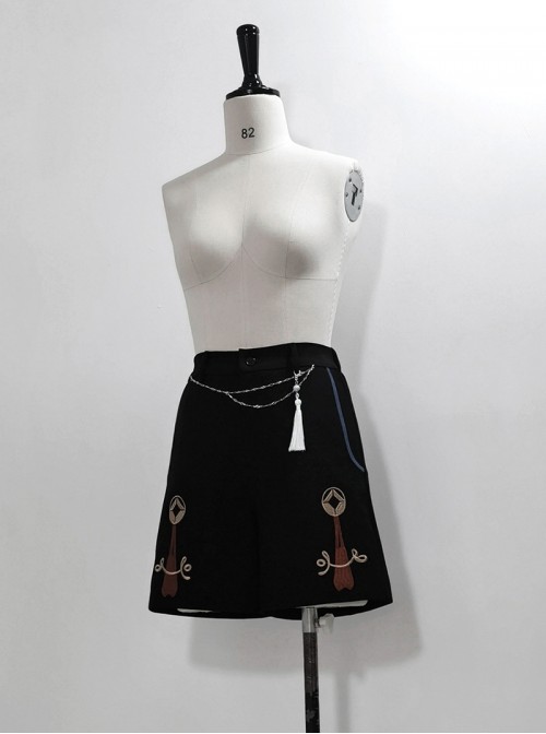 Fortune Series Ouji Fashion Chinese Style Coin Elements Tassel Chain Loose Black Short Pants