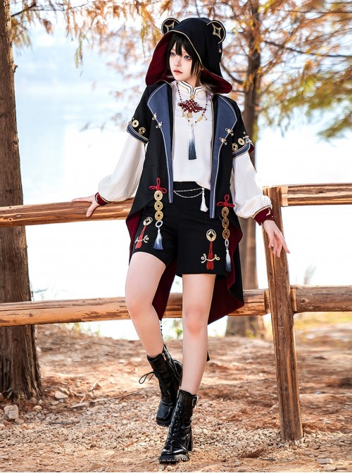 Fortune Series Ouji Fashion Chinese Style Coin Elements Tassel Chain Loose Black Short Pants