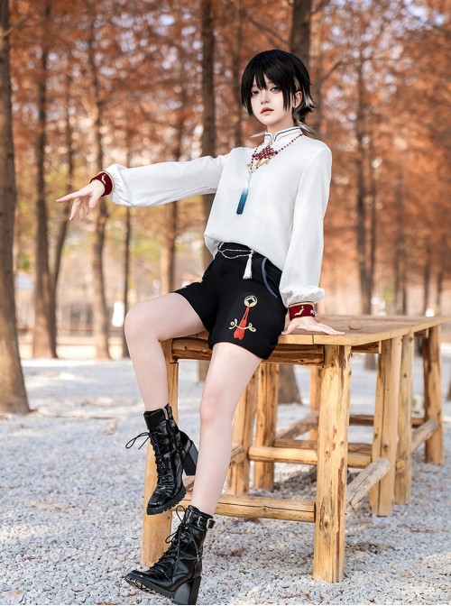 Fortune Series Ouji Fashion Chinese Style Coin Elements Tassel Chain Loose Black Short Pants
