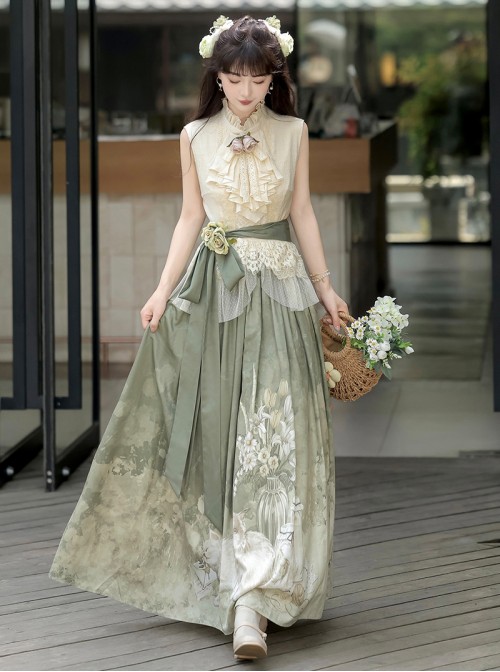 Morning Light Series Classic Lolita Elegant Ruffled Collar Sleeveless Lace Top Garden Cat Print Green Skirt Set