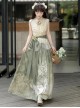 Morning Light Series Classic Lolita Elegant Ruffled Collar Sleeveless Lace Top Garden Cat Print Green Skirt Set