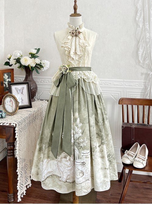 Morning Light Series Classic Lolita Elegant Ruffled Collar Sleeveless Lace Top Garden Cat Print Green Skirt Set