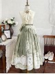 Morning Light Series Classic Lolita Elegant Ruffled Collar Sleeveless Lace Top Garden Cat Print Green Skirt Set