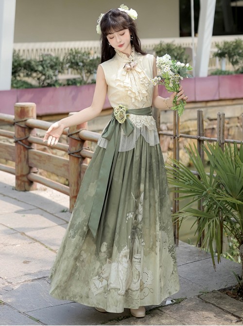 Morning Light Series Classic Lolita Elegant Ruffled Collar Sleeveless Lace Top Garden Cat Print Green Skirt Set