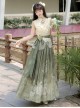 Morning Light Series Classic Lolita Elegant Ruffled Collar Sleeveless Lace Top Garden Cat Print Green Skirt Set