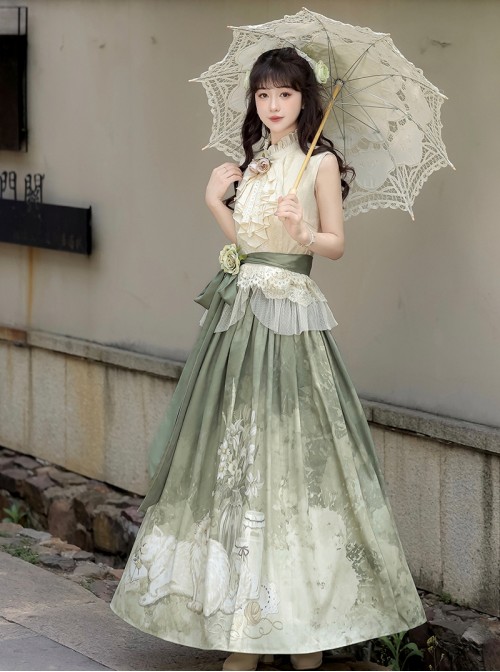 Morning Light Series Classic Lolita Elegant Ruffled Collar Sleeveless Lace Top Garden Cat Print Green Skirt Set