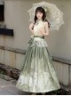 Morning Light Series Classic Lolita Elegant Ruffled Collar Sleeveless Lace Top Garden Cat Print Green Skirt Set