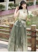 Morning Light Series Classic Lolita Elegant Ruffled Collar Sleeveless Lace Top Garden Cat Print Green Skirt Set