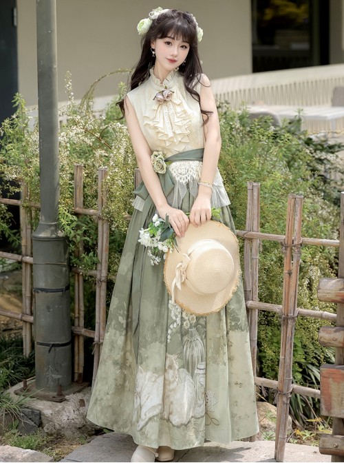 Morning Light Series Classic Lolita Elegant Ruffled Collar Sleeveless Lace Top Garden Cat Print Green Skirt Set