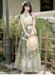 Morning Light Series Classic Lolita Elegant Ruffled Collar Sleeveless Lace Top Garden Cat Print Green Skirt Set