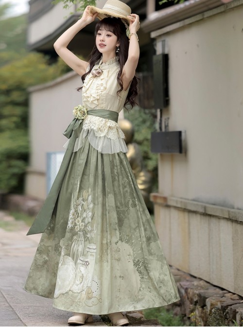 Morning Light Series Classic Lolita Elegant Ruffled Collar Sleeveless Lace Top Garden Cat Print Green Skirt Set