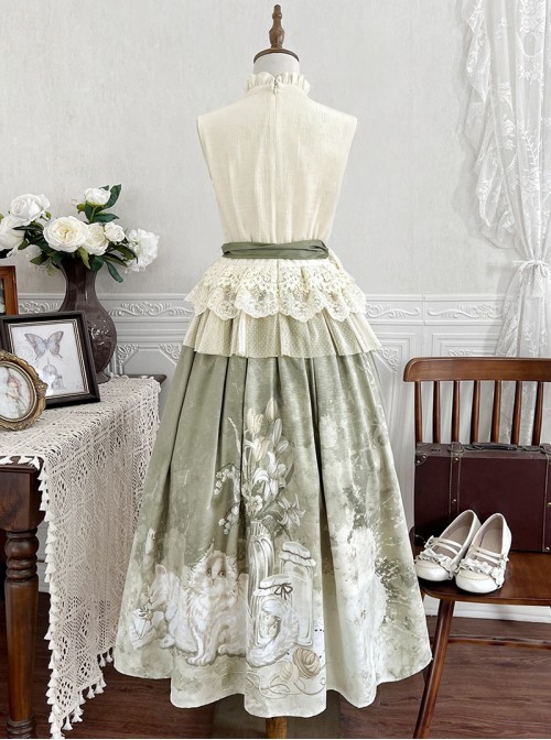 Morning Light Series Classic Lolita Elegant Ruffled Collar Sleeveless Lace Top Garden Cat Print Green Skirt Set