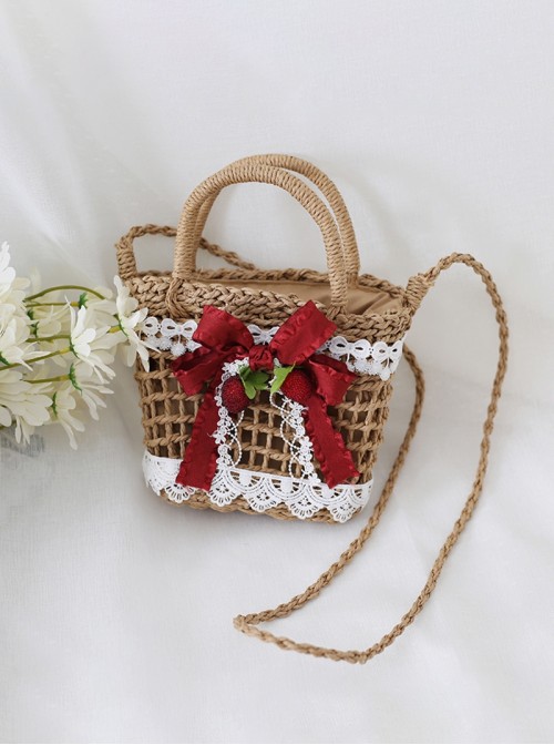 Retro Country Style Classic Lolita Red Berry Bowknot Lace Crossbody Straw Bag