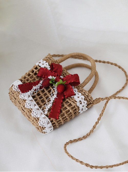 Retro Country Style Classic Lolita Red Berry Bowknot Lace Crossbody Straw Bag