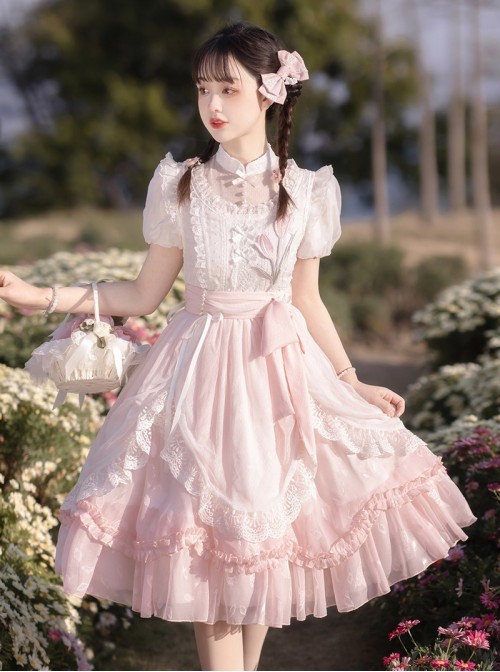 Flowers And Poetry Series Sweet Lolita Pink Tulip Elegant Lace Ruffle Bubble Sleeve Dress